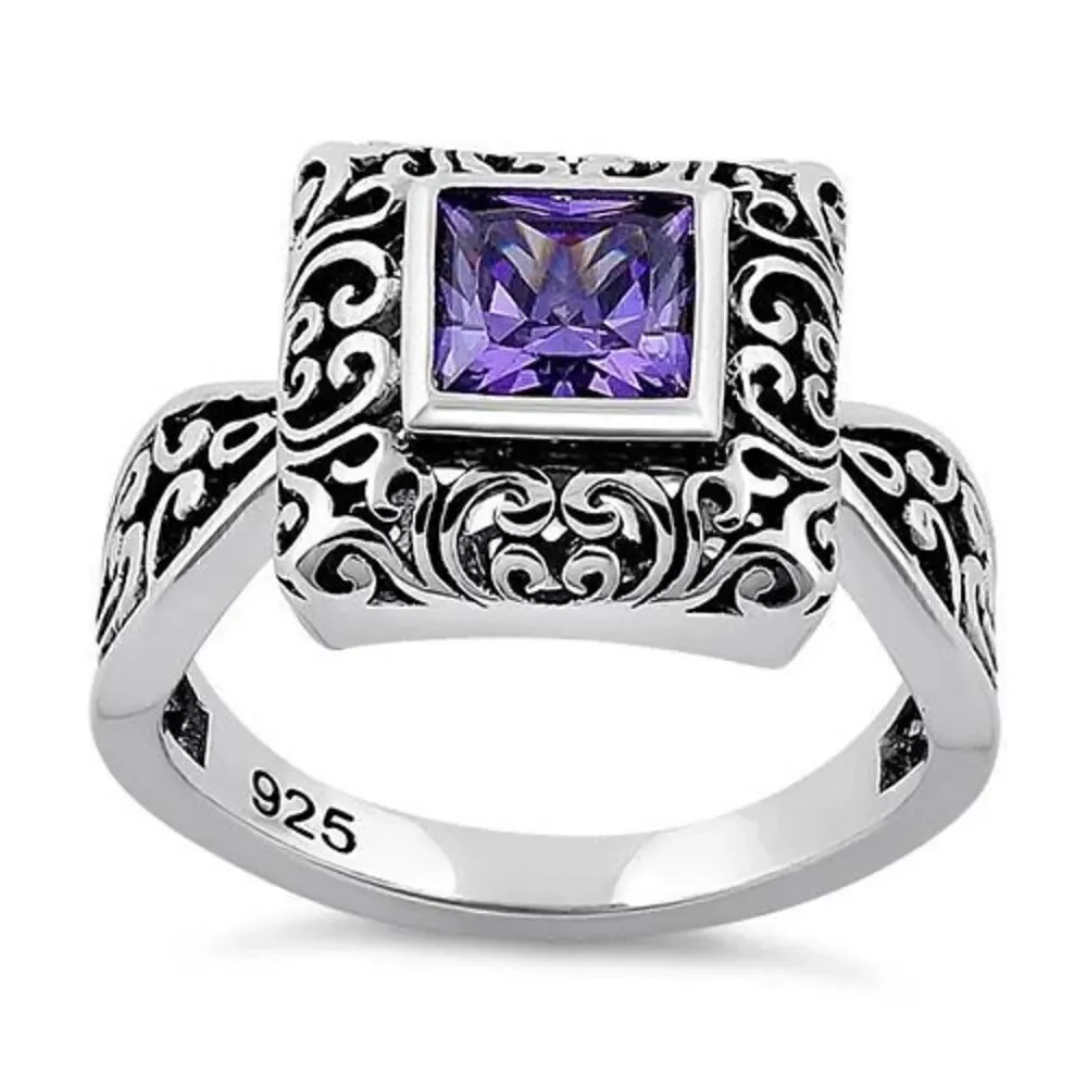 Sterling Silver Ornate Square Cut Amethyst CZ Ring New